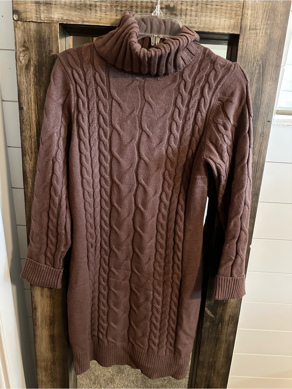 Women’s M Coffee Brown Chunky Cable Knit Turtleneck Sweater Dress Long Sleeve